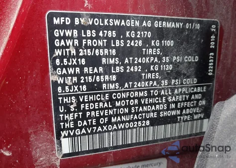 2010 Volkswagen Tiguan S из США, поврежденный, VIN WVGAV7AX0AW002528